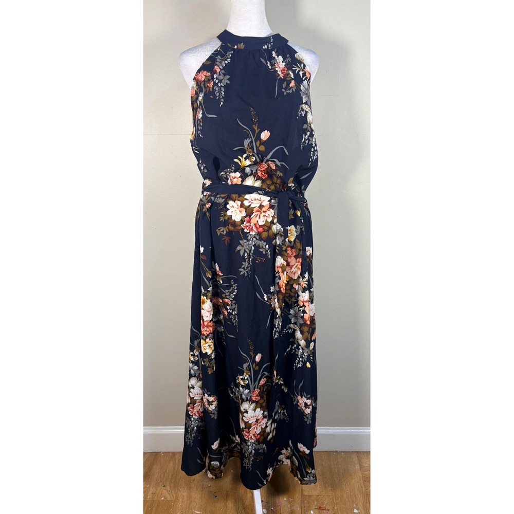 Floerns Floral Maxi Dress Womens Large Navy Blue New Halter Neck Tie Waist Boho